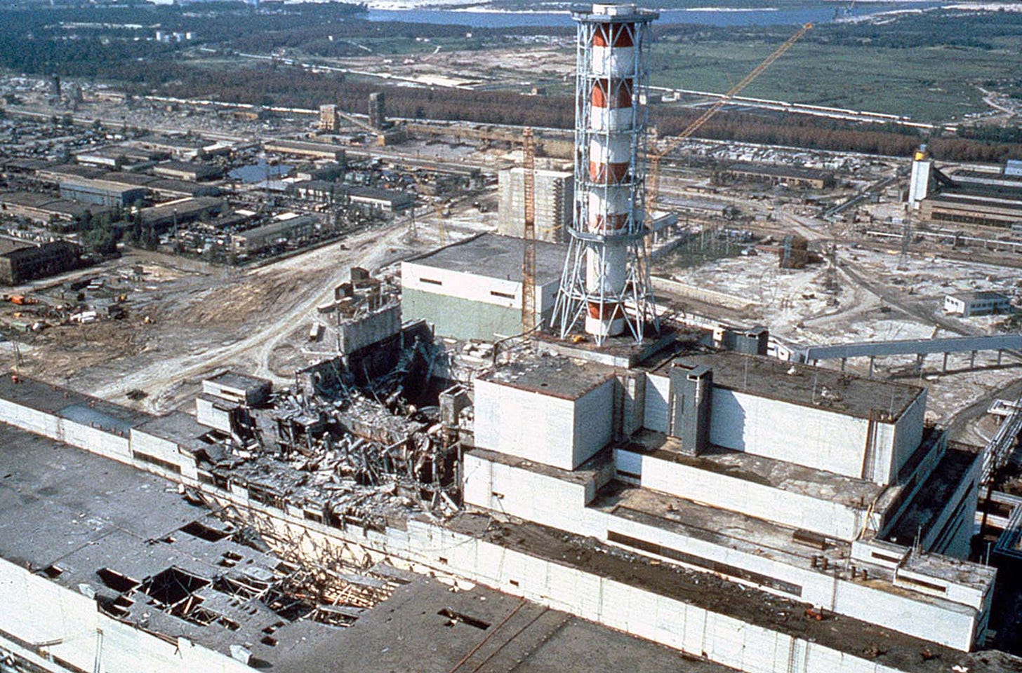 An aerial view reveals the catastrophic damage to the Chernobyl nuclear power plant, just weeks after the 1986 disaster.