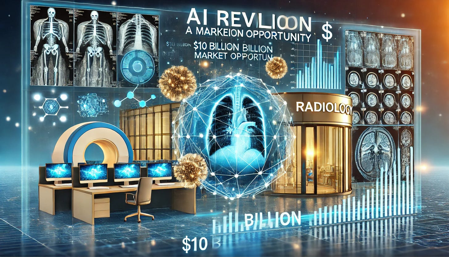 A futuristic and visually engaging horizontal illustration depicting the AI revolution in healthcare, specifically focusing on radiology. The image features an advanced radiology lab with glowing AI interfaces analyzing X-ray and MRI scans in real time. Include digital graphs and monetary symbols indicating a $10 billion market opportunity. Use a color palette of blue and gold to signify innovation and wealth, and integrate a subtle background of modern hospitals and technology. The theme should highlight the transformative financial and technological potential in healthcare AI.