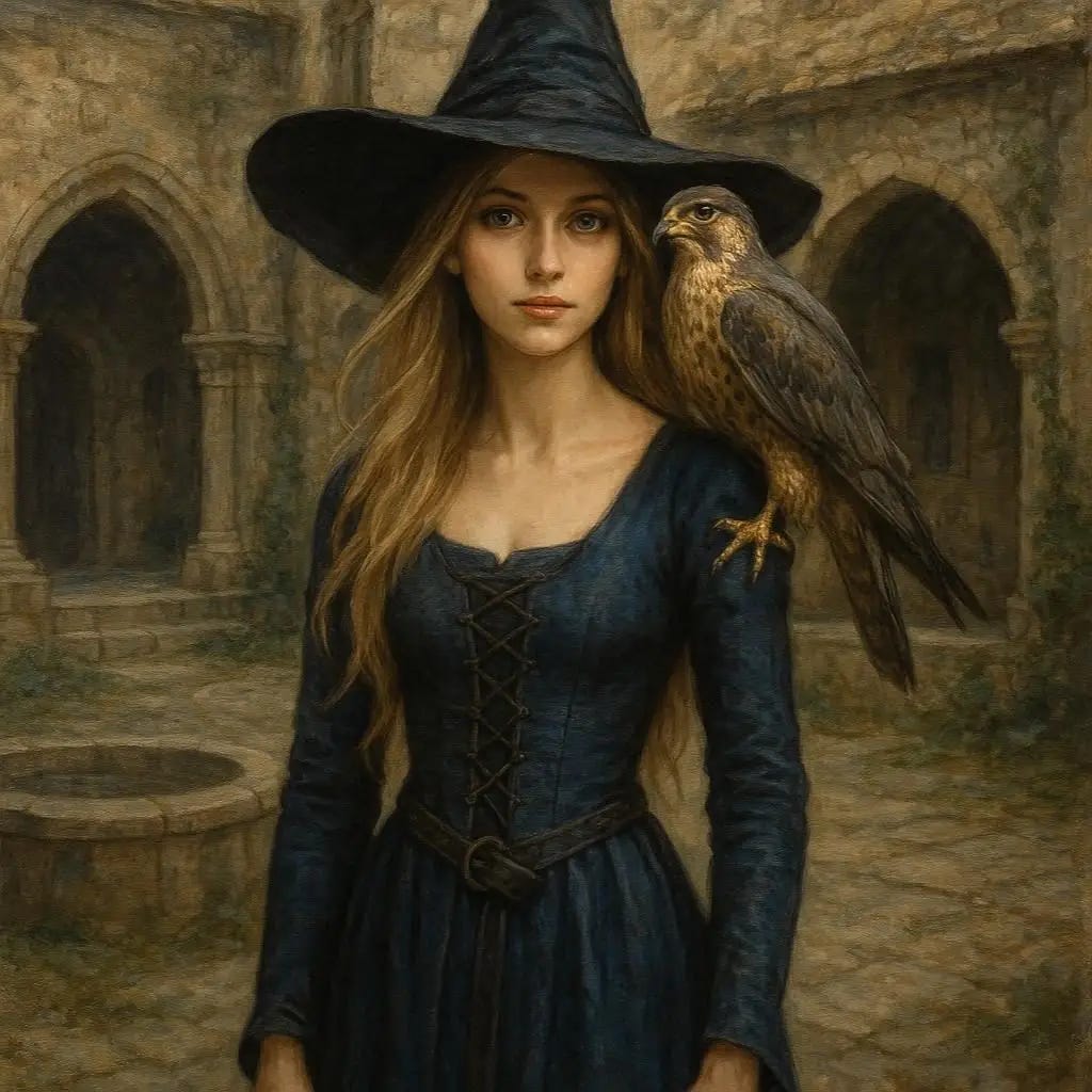 21 year old woman. witch. Long light blonde hair, medium height, dark blue eyes, thin but shapely. hawk on shoulder. medieval. courtyard. fantasy art.