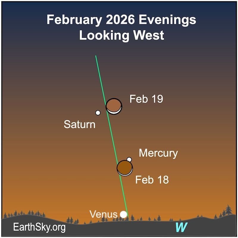 2 positions of the moon in twilight along the nearly vertical ecliptic line, with Venus, Saturn and Mercury. 2 positions of the moon in twilight along the nearly vertical ecliptic line, with Venus, Saturn and Mercury.
