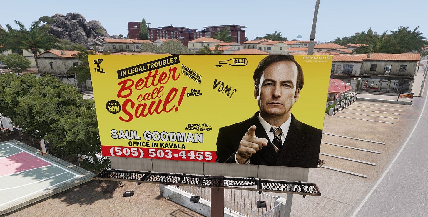 Anuncios en la vía pública de Saul Goodman, el abogado de prácticas poco éticas de la serie de TV Breaking Bad. Anuncios en la vía pública de Saul Goodman, el abogado de prácticas poco éticas de la serie de TV Breaking Bad.