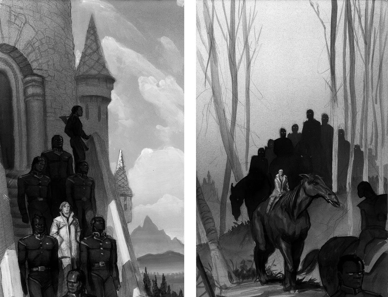 LEFT: Black and white concept for INVADER featuring a human male descending the steps of a castle surrounded by a cadre of onyx skinned alien guards. He's dressed in light clothing creating a spotlight of contrast with his guards in dark military uniforms. At the top of the stairs, a female rests a hand on the wall staring out. RIGHT: Black and white concept for INVADER featuring a human male riding on a massive alien horse. He follows a female alien rider who turns back halfway off panel. Rendered in silhouette behind them is a group of alien riders winding through a forest of bare tree trunks. LEFT: Black and white concept for INVADER featuring a human male descending the steps of a castle surrounded by a cadre of onyx skinned alien guards. He's dressed in light clothing creating a spotlight of contrast with his guards in dark military uniforms. At the top of the stairs, a female rests a hand on the wall staring out. RIGHT: Black and white concept for INVADER featuring a human male riding on a massive alien horse. He follows a female alien rider who turns back halfway off panel. Rendered in silhouette behind them is a group of alien riders winding through a forest of bare tree trunks.