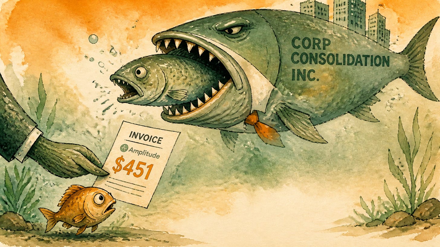 A small fish handed a $451 monthly invoice while a much larger predator fish swallows another fish in the background, illustrating small businesses overpaying for enterprise SaaS during industry consolidation.