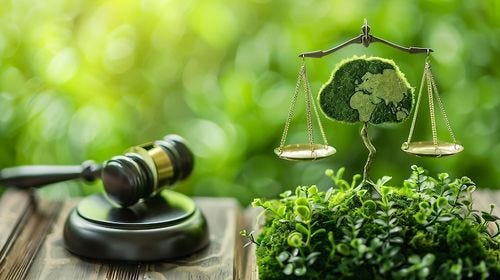 Photo environment law green world and gavel with scales of justice on the green law for pr generative ai