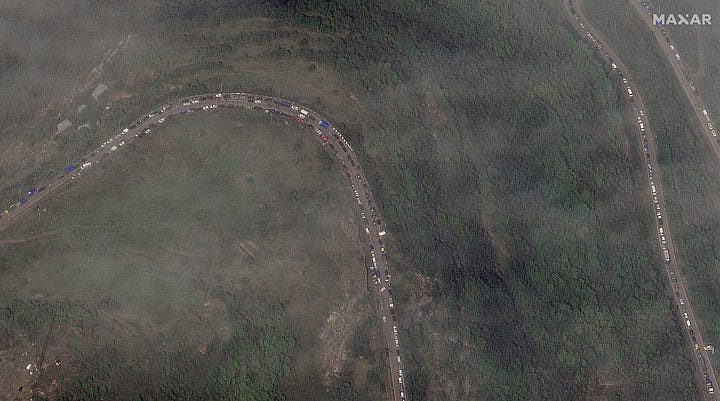 Satellite pictures show long queues of cars waiting to cross into Armenia
