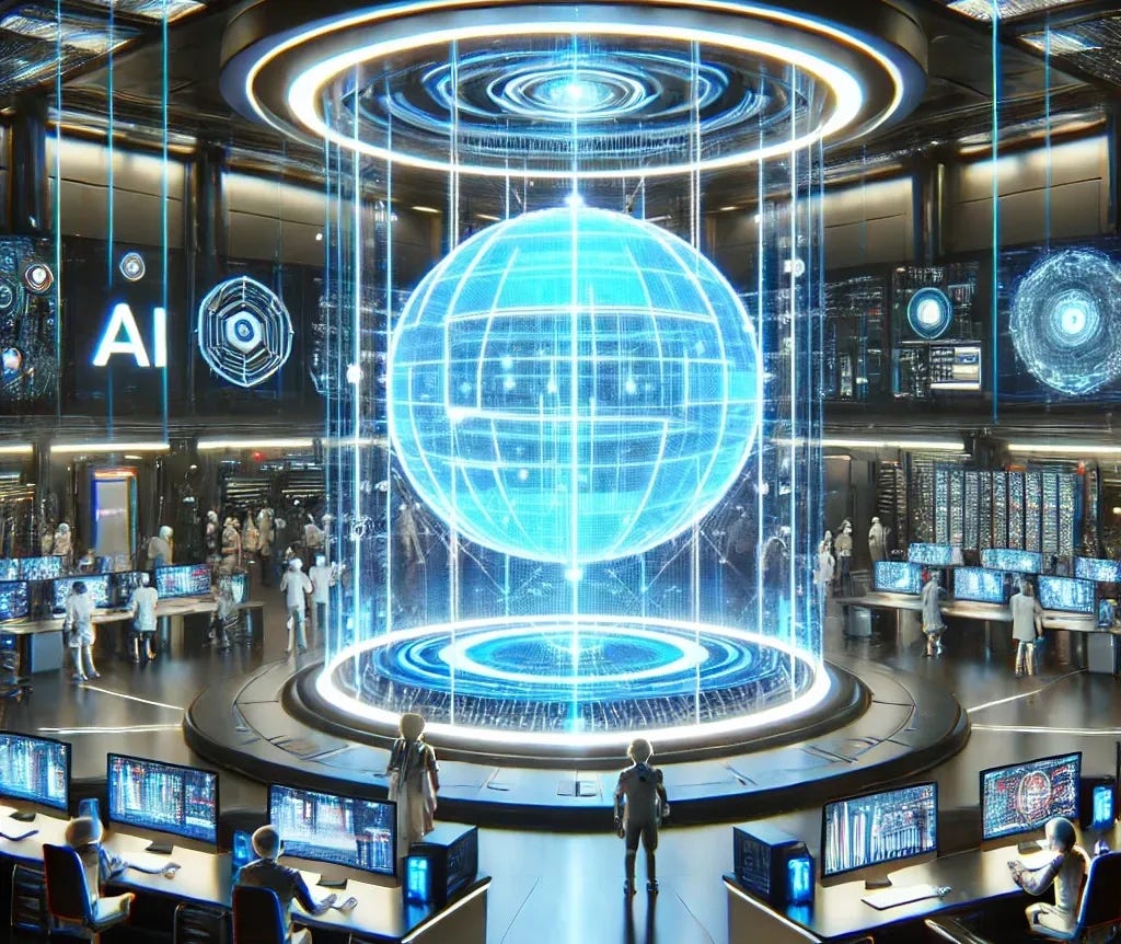 A futuristic AI mainframe, depicted as a central intelligence hub in the shape of a glowing sphere, with neon blue and white lights. The sphere is at the center of a high-tech control room, pulsating with energy, and surrounded by holographic displays. Data streams flow into and out of the sphere like light threads, representing intense computation. Human workers and robots stand by, receiving instructions from the AI sphere. The scene conveys advanced technology, efficiency, and the AI sphere processing vast amounts of information.