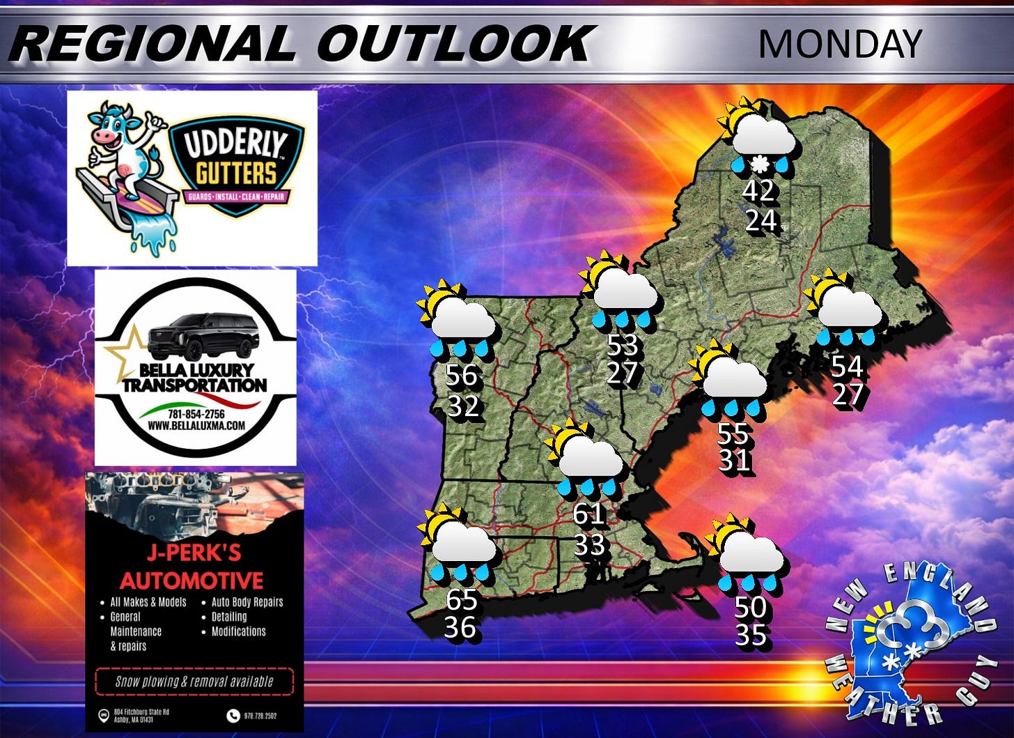 May be an image of map and text that says 'REGIONAL OUTLOOK UDDERLY GUTTERS SIRROS SIARDS-INSTALI-C TALI-CLEAN- 新内醸 MONDAY 42 24 BELLALUXURY TRANSPO TRANSPORTATION RTATION 81-854-2756 WWW.BELLALUXMA.COM COM 56 32 53 27 7 0 54 27 អ 55 31 J-PERK'S S AUTOMOTIVE Makes Models hmerl-.fdta ・ Repairs General Detaili Mainten ance Modifications repairs 61 33 65 36 Snow.plowing&removalarallabte ayaslable 間政館 50 35 ΕΝΕΛΑR'