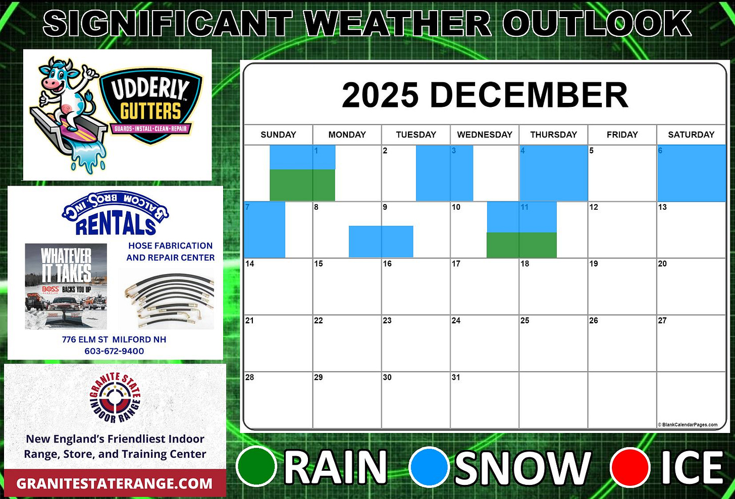 May be an image of map and text that says 'SIGNIFICANT WEATHER OUTLOOK UDDERLY GUTTERS EUARIS-INSTALI-CIEAK-TEPAR REPAIR EUARIS- SUNDAY MONDAY 2025 DECEMBER TUESDAY 2 WEDNESDAY THURSDAY FRIDAY SATURDAY ONI RENTALS ποριR HOSE FABRICATION AND REPAIR CEN ENTER ER 10 IARED BeSS HGS 14 12 15 13 16 17 776 ELM MILFORD NH 603-672-9400 18 21 19 22 20 23 24 25 28 26 29 27 30 31 New England's Friendliest Indoor Range, Store, and Training Center GRANITESTATERANGE.COM RAIN RLnkCalencariagaccom SNOW ICE'