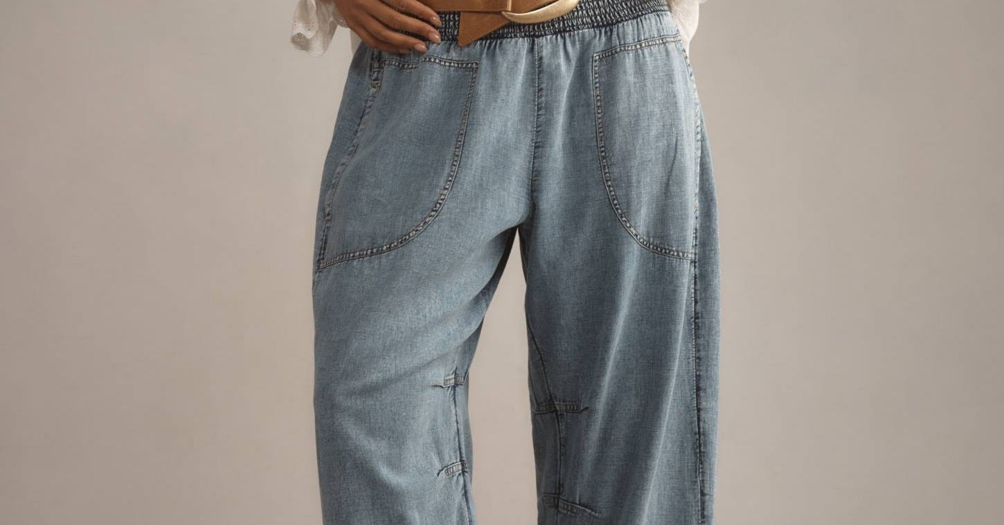 Pilcro Reese Smocked Pull-On Barrel Jeans in Cross-Weave Cotton #5