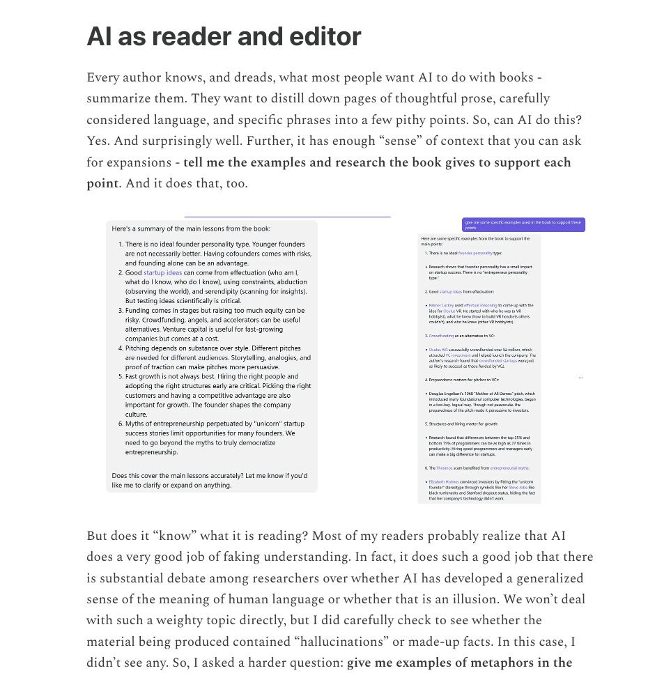 Section titled "AI as reader and editor" from Mollick's post