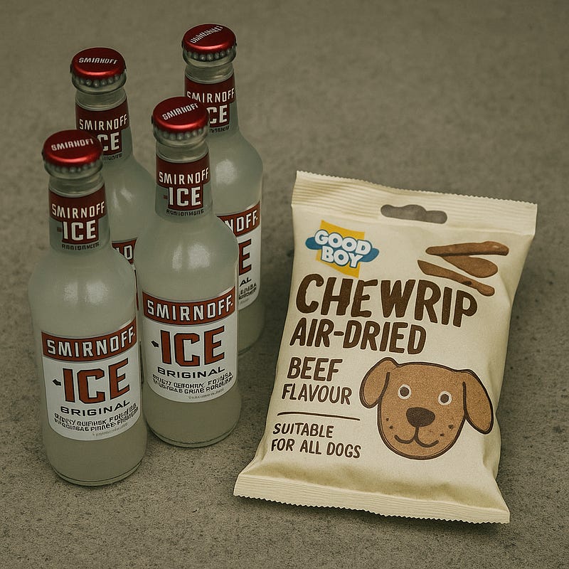 A 2x2 arrangement of Smirnoff Ice bottles sits on a concrete surface beside a cream-colored bag of Good Boy ChewRIP air-dried beef dog treats. The composition is square, minimal, and unsettling in its calmness — party drink and pet snack, waiting for something to happen.