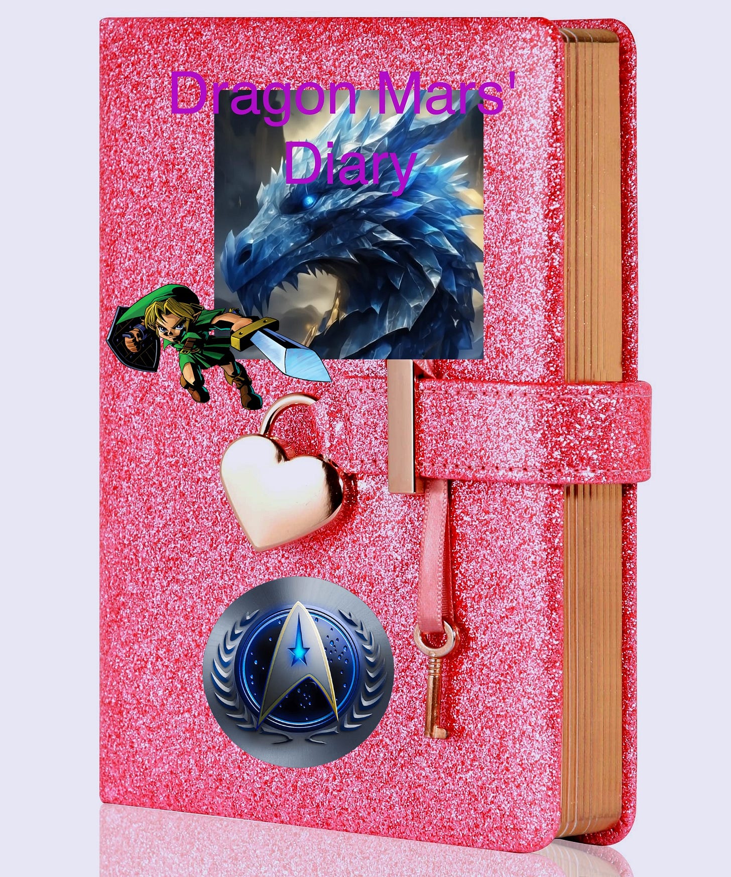 pink glitter diary with stickers of dragon, young link, and star trek logo