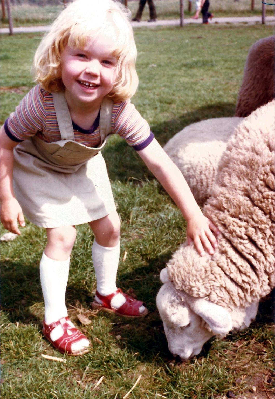 Claudia Kollschen as a 4-year old, very happy to pet a sheep