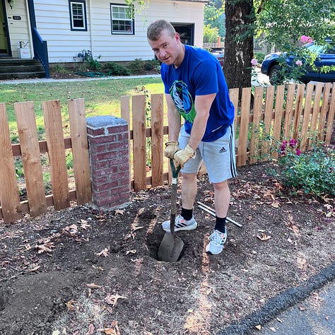 Steps to build a little library, digging a hole, pouring cement, sawing the wood, priming and painting, filling with books