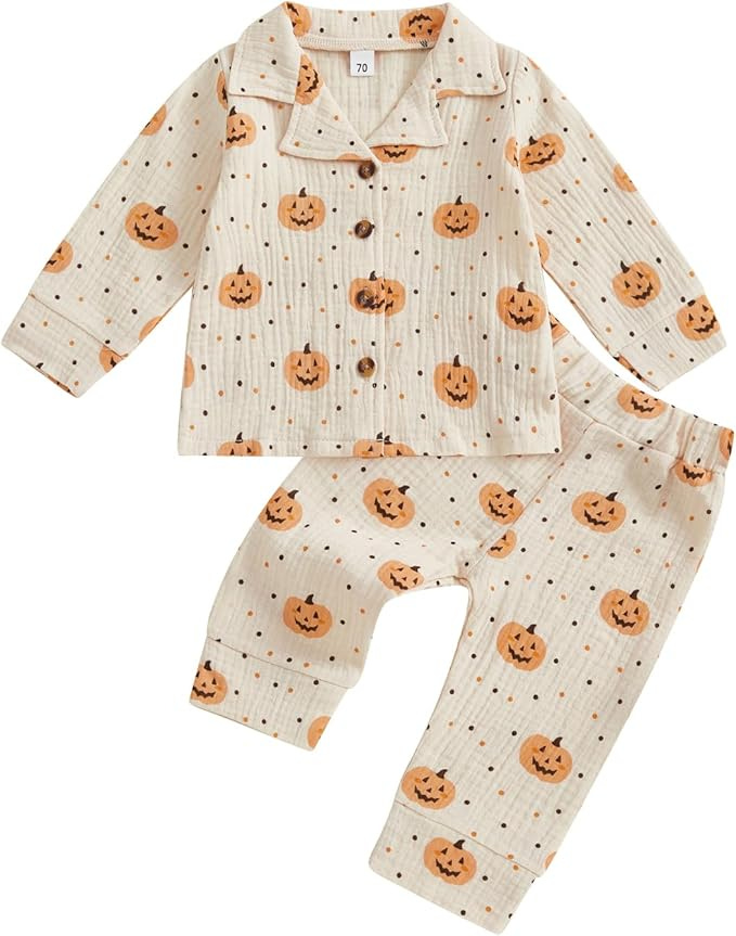 fyclemt Toddler Baby Girl Boy Halloween Pajamas Pumpkin Cotton Linen Long Sleeve Button Down Shirts Pants Kids Sleepwear Pjs