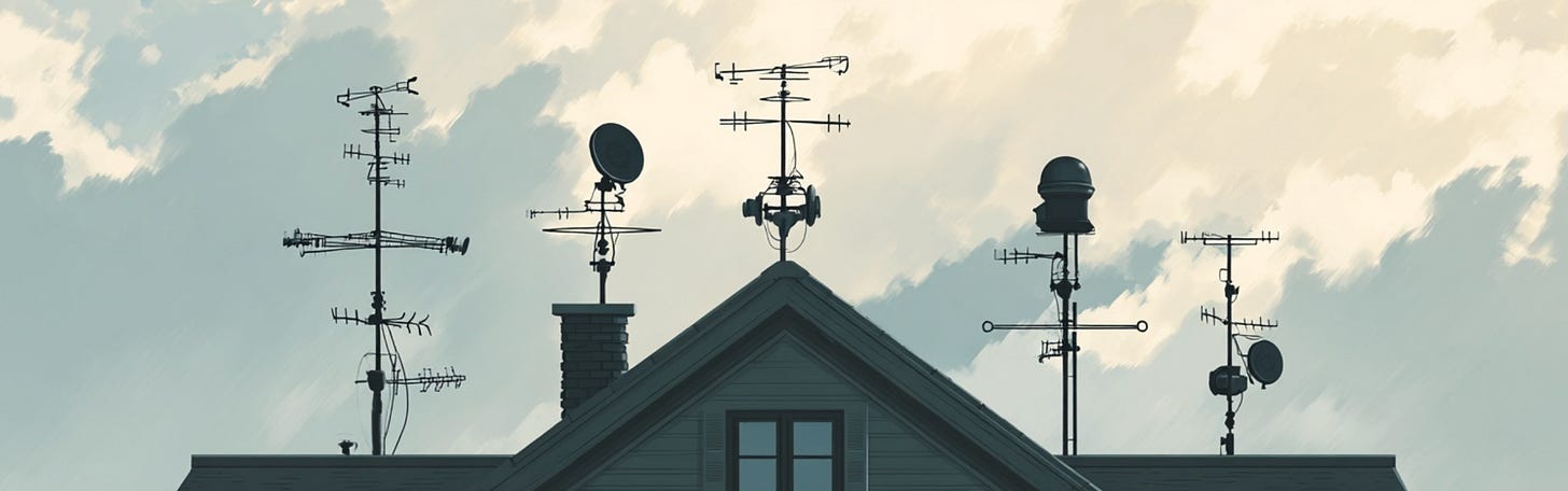 A stylized illustration of a house rooftop with four different elaborate weather instruments—antennas, dishes, and meteorological contraptions—mounted on it against a cloudy sky.