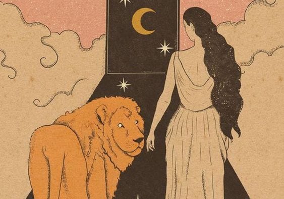 Image ID: A woman with long hair wearing a dress walks toward a crescent moon with a lion on her left, looking back