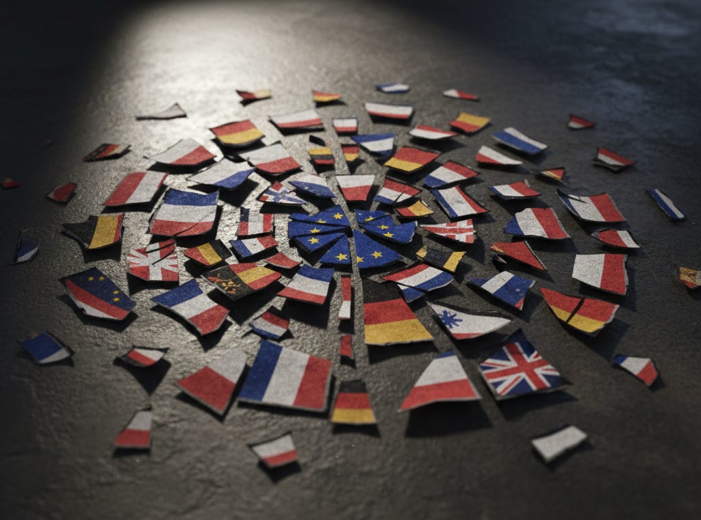 Broken European national flags arranged around a fractured EU symbol, representing fragmentation within the European market.
