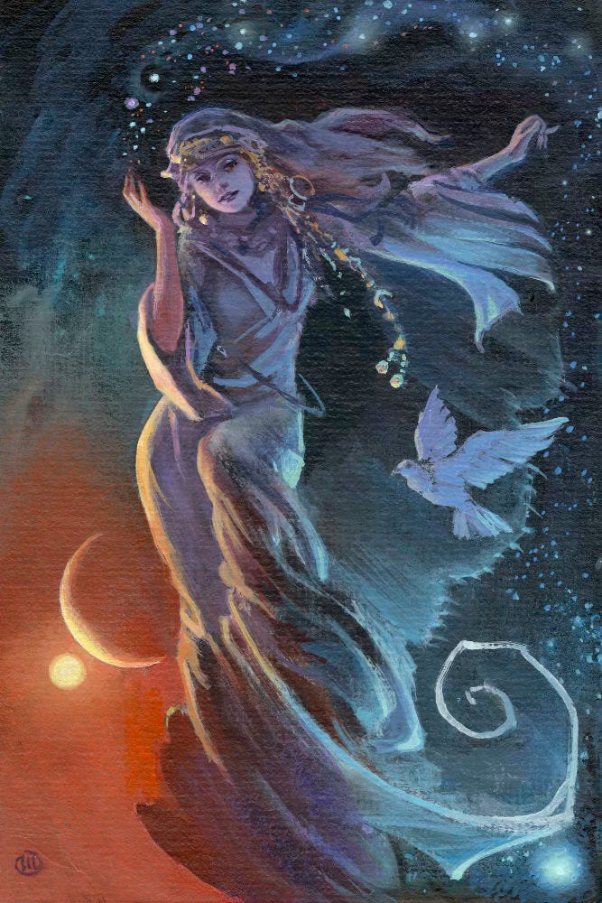 A woman rendered in limited color leaps with one raised knee up, posed against a starscape of cool tones. There is pink skin tone to her lead arm but the rest of her is cast in subtle lavender and blue green. Her arm is positioned vertically, trailing dots of lavender, red, and blue across the top edge of the panel as if in the act of cosmic creation. Gold accents cross her forehead and dangle in a long chain of baubles that include a crescent. A dove spreads its wings in profile facing left at her hip. The hem of her dress ends in an abstract curl of fabric rendered more simplistically than the rest of her. Red orange dominates the lower left, creating a contrast of warm versus cool. The smaller orb of a star shines behind a sliver of crescent moon illuminating just the edge.