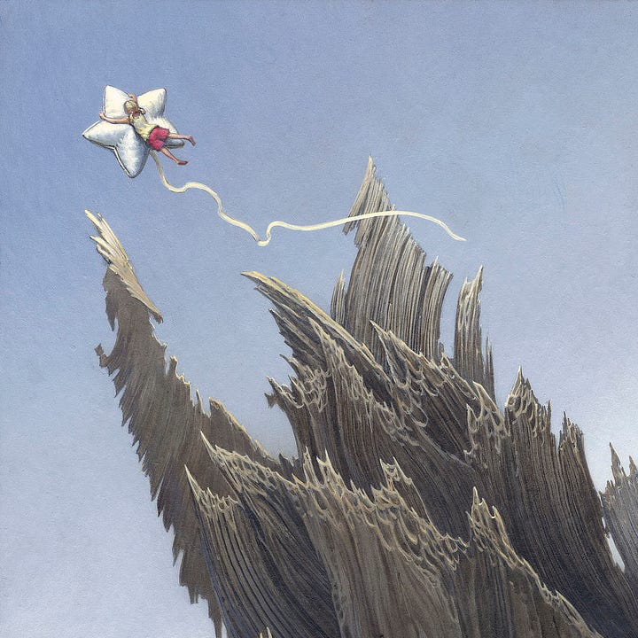LEFT: Detail from HIGH FLIER featuring a ballon flying over sweeping rock formations. A young girl in pale yellow tank top and red shorts clings to the balloon a the leading point of the star. The balloon seems to be made of fabric stitched with a thick bead of trim at the edges. A long ribbon trails it flapping gently over the perilous rocks. RIGHT: Figure detail from HIGH FLIER featuring a young girl clinging to a white star-shaped balloon as it flies past jagged rocks that seem to be reaching out to catch her. She wears red shorts and a pale yellow tank top. She grips the point of the star with arms extended wide. With tenuous grip, her bare feet trail her unanchored, following her upward momentum.