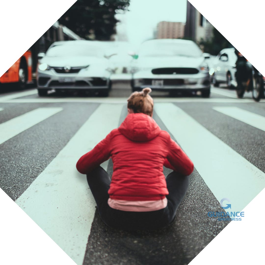 A person in a red hooded jacket sits cross-legged in the middle of a crosswalk, positioned on the white striped pedestrian crossing. Her back is to the viewer. Cars are visible in the background on the street facing her while the person sits calmly in the center of the roadway, cross legged.​​​​​​​​​​​​​