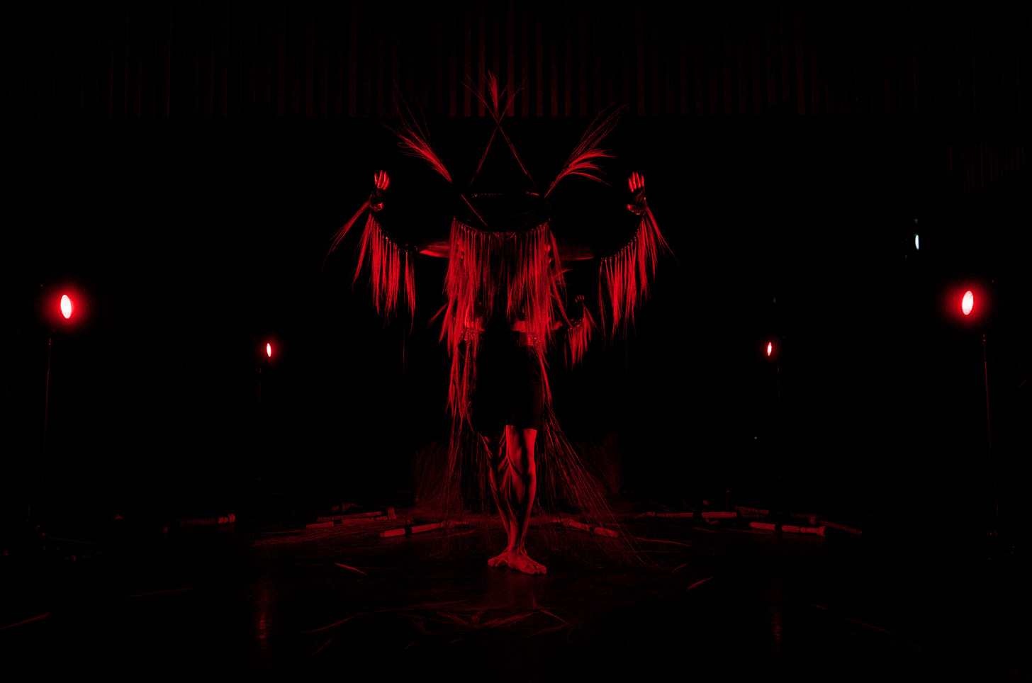A dark stage scene lit with red light shows a single performer standing barefoot at centre. The performer wears an elaborate costume made of long, hanging red strands and feather-like elements extending from the arms and shoulders. Several small red lights glow around the stage, creating a stark, high-contrast atmosphere against the black background.
