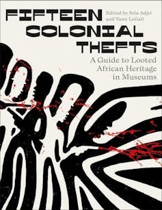 A book cover with a black and white illustration of typical African-style figures but with weapons spraying red blood.
