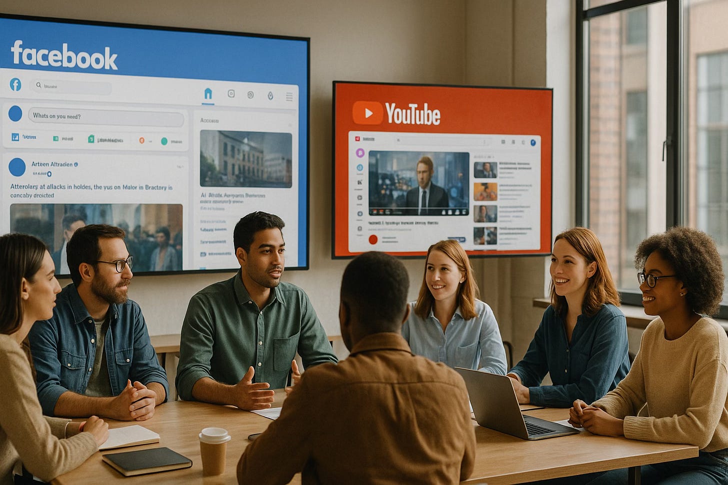 A newsroom team collaborates around a shared table, with Facebook and YouTube screens projected in the background — symbolizing renewed attention to overlooked platforms. A newsroom team collaborates around a shared table, with Facebook and YouTube screens projected in the background — symbolizing renewed attention to overlooked platforms.