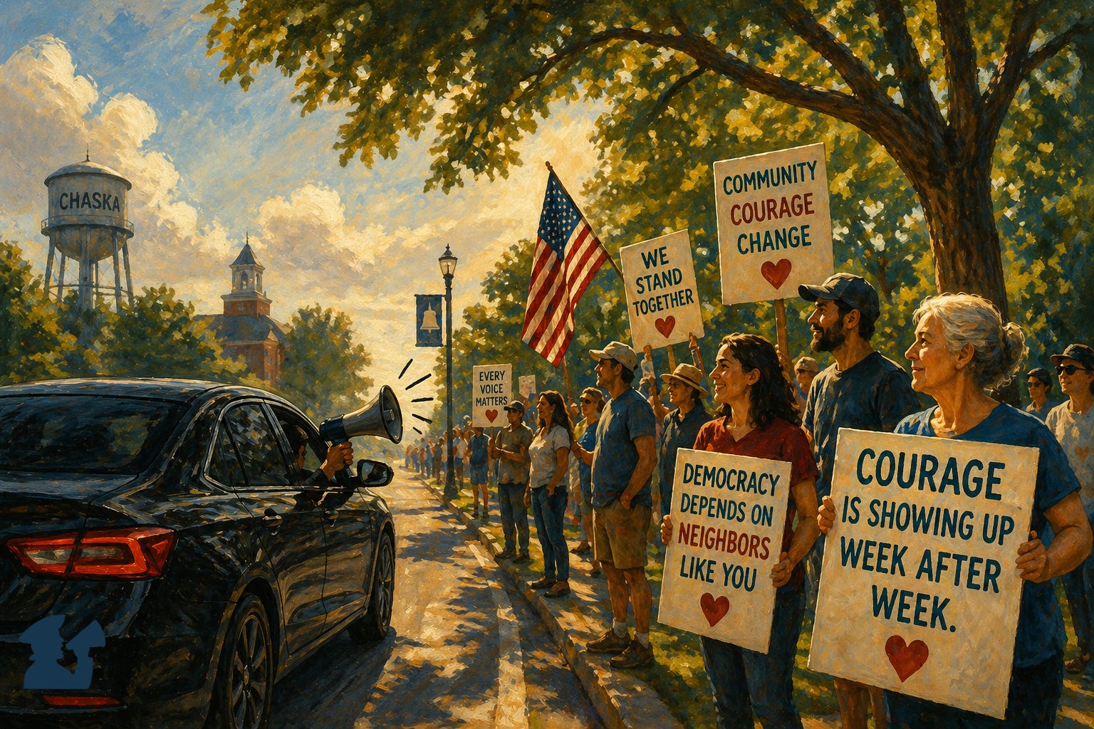 A painterly banner illustration showing a contrast between a dark, anonymous car with a megaphone on the left and a group of visible community members peacefully protesting on the right, holding signs about democracy, courage, and showing up, under a warm, hopeful sky