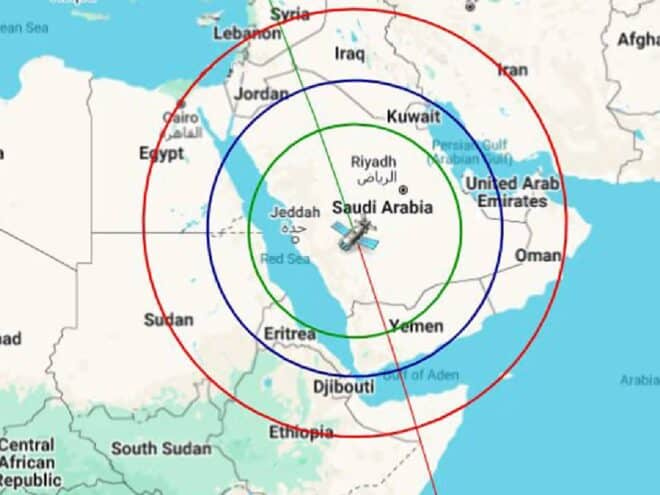 A map published by the International Astronomy Center (IAC) displaying the path and location of a satellite observed across Saudi skies. The map highlights the satellite's trajectory with marked coordinates and timestamps, providing astronomical insights into its movement over the region. A map published by the International Astronomy Center (IAC) displaying the path and location of a satellite observed across Saudi skies. The map highlights the satellite's trajectory with marked coordinates and timestamps, providing astronomical insights into its movement over the region.