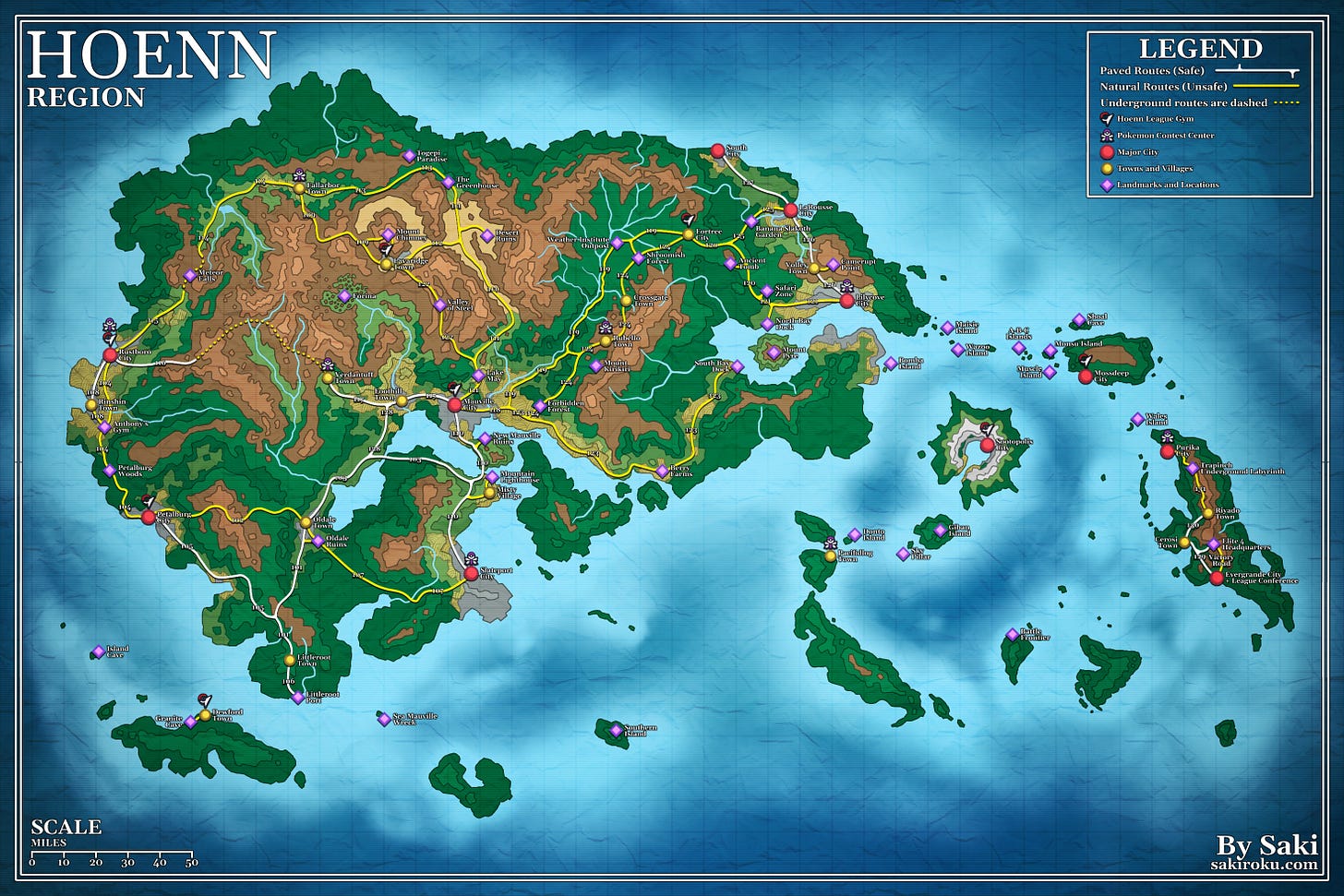 Complete Hoenn region map featuring all major cities like Petalburg, Rustboro, and Mauville, connected by numbered routes with terrain indicators, gym locations, and surrounding islands