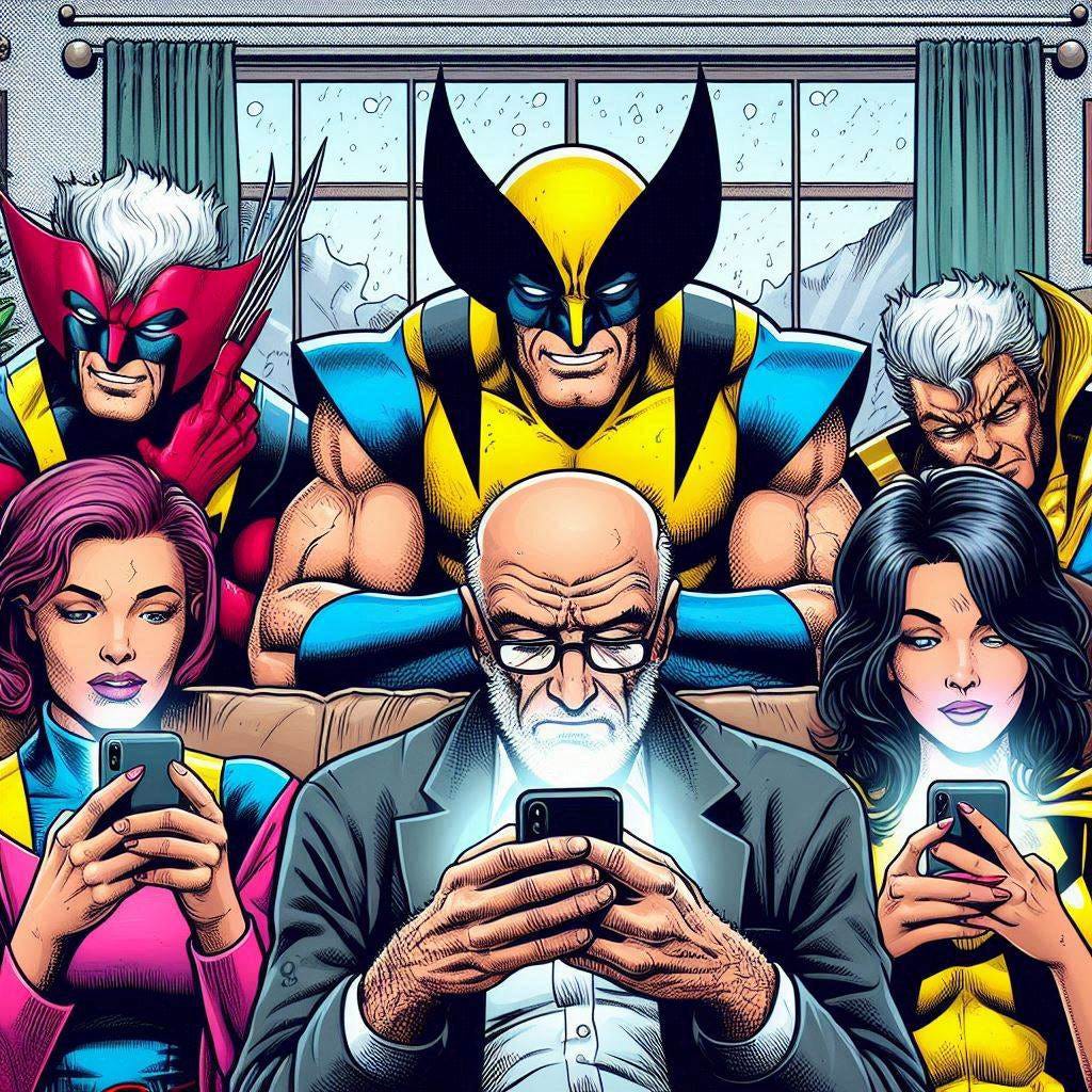 Professor X, Wolverine, and other X-Men sit idly on a couch, staring at their phones instead of using their powers, symbolizing a dystopian comic book downfall