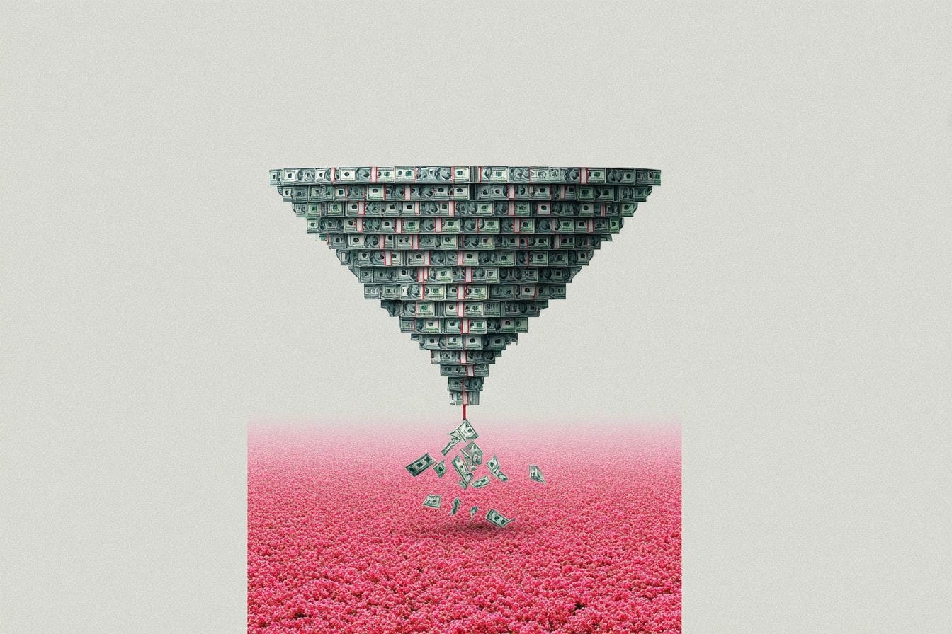 A funnel of money dumping dollar bills over a red field