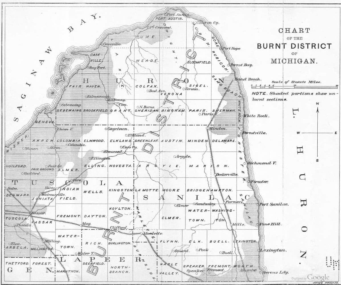 Chart of the Burnt District - From the Report on the Michigan Forest Fires of 1881 - William O. Bailey