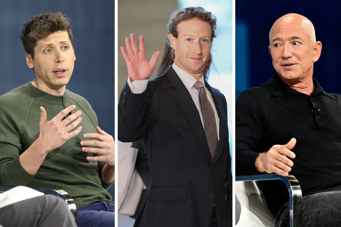 From left to right, OpenAI CEO Sam Altman on Dec. 4 at The New York Times Dealbook Summit; Meta CEO Mark Zuckerberg on Feb. 27 in Tokyo; and Amazon CEO Jeff Bezos on Dec. 4 at The New York Times Dealbook Summit. From left to right, OpenAI CEO Sam Altman on Dec. 4 at The New York Times Dealbook Summit; Meta CEO Mark Zuckerberg on Feb. 27 in Tokyo; and Amazon CEO Jeff Bezos on Dec. 4 at The New York Times Dealbook Summit.