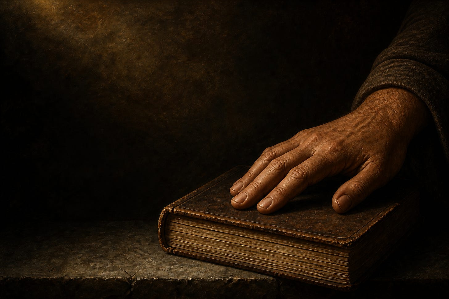 A warm-toned living hand rests on a closed book in soft light against deep shadow.