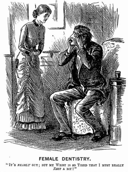 A cartoon of a seated man holding his jaw in pain. A woman in Victorian dress stands next to him, holding her own wrist. The caption says she is tired and needs a rest from trying to extract the man's tooth.