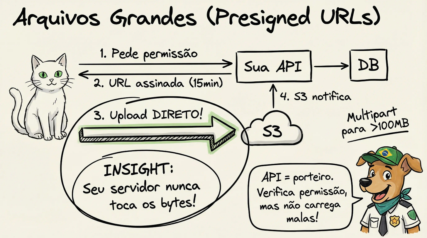 Diagrama mostrando upload de arquivos grandes com presigned URLs