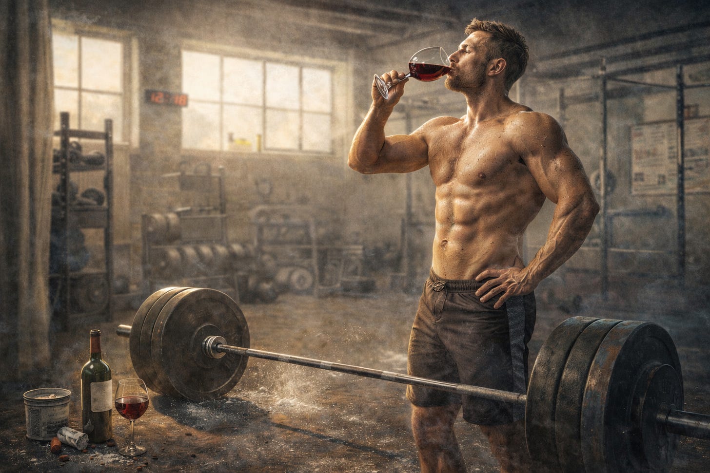 A stylised image of a muscular man standing in a gritty gym beside a heavily loaded barbell, pausing mid-workout to sip red wine from a glass. A wine bottle and another glass sit on the floor nearby, creating an intentionally absurd contrast between athletic training and alcohol use.