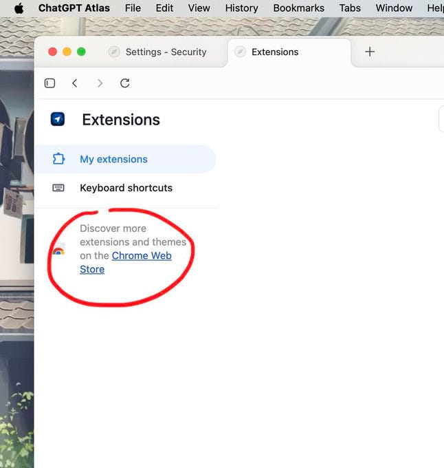 Sundar Pichai stands on a stage wearing glasses a light blue shirt and a microphone headset smiling broadly with hands raised gesturing enthusiastically toward an audience of people seated in rows behind him some wearing yellow hats. A second image displays the macOS menu bar with the Chrome browser open showing the Extensions page under a blue header with options for My extensions keyboard shortcuts and a highlighted section for Discover more extensions and themes in the Chrome Web Store featuring a colorful icon.