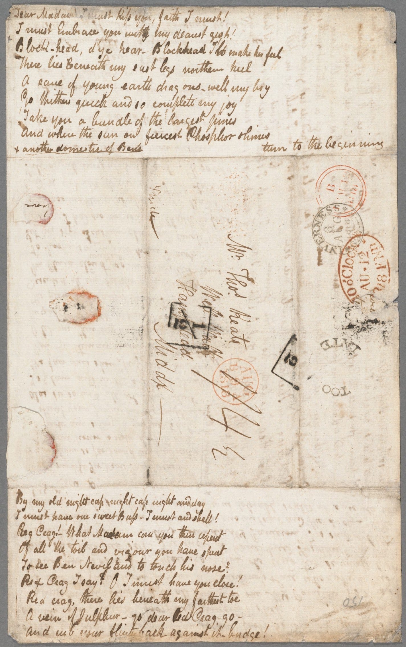 Sheet of discoloured paper with handwriting and postmarks