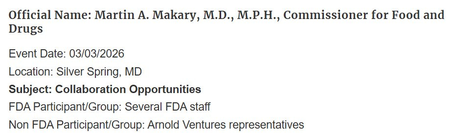 Screenshot of Makary's meeting inventory for March 3rd featuring a meeting with Arnold Ventures for "Collaboration Opportunities"
