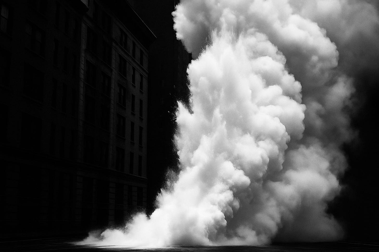 Black-and-white photograph of a massive steam explosion on a city street. A towering white plume bursts upward and outward from the pavement, dwarfing the dark facades of nearby buildings and creating an atmosphere of chaos and danger. Black-and-white photograph of a massive steam explosion on a city street. A towering white plume bursts upward and outward from the pavement, dwarfing the dark facades of nearby buildings and creating an atmosphere of chaos and danger.