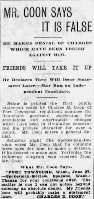 Black-and-white newspaper clipping from the Spokane Spokesman-Review dated June 28, 1904. The headline reads “MR. COON SAYS IT IS FALSE,” with subheadings stating that he denied charges against him and that friends would take up the matter.
