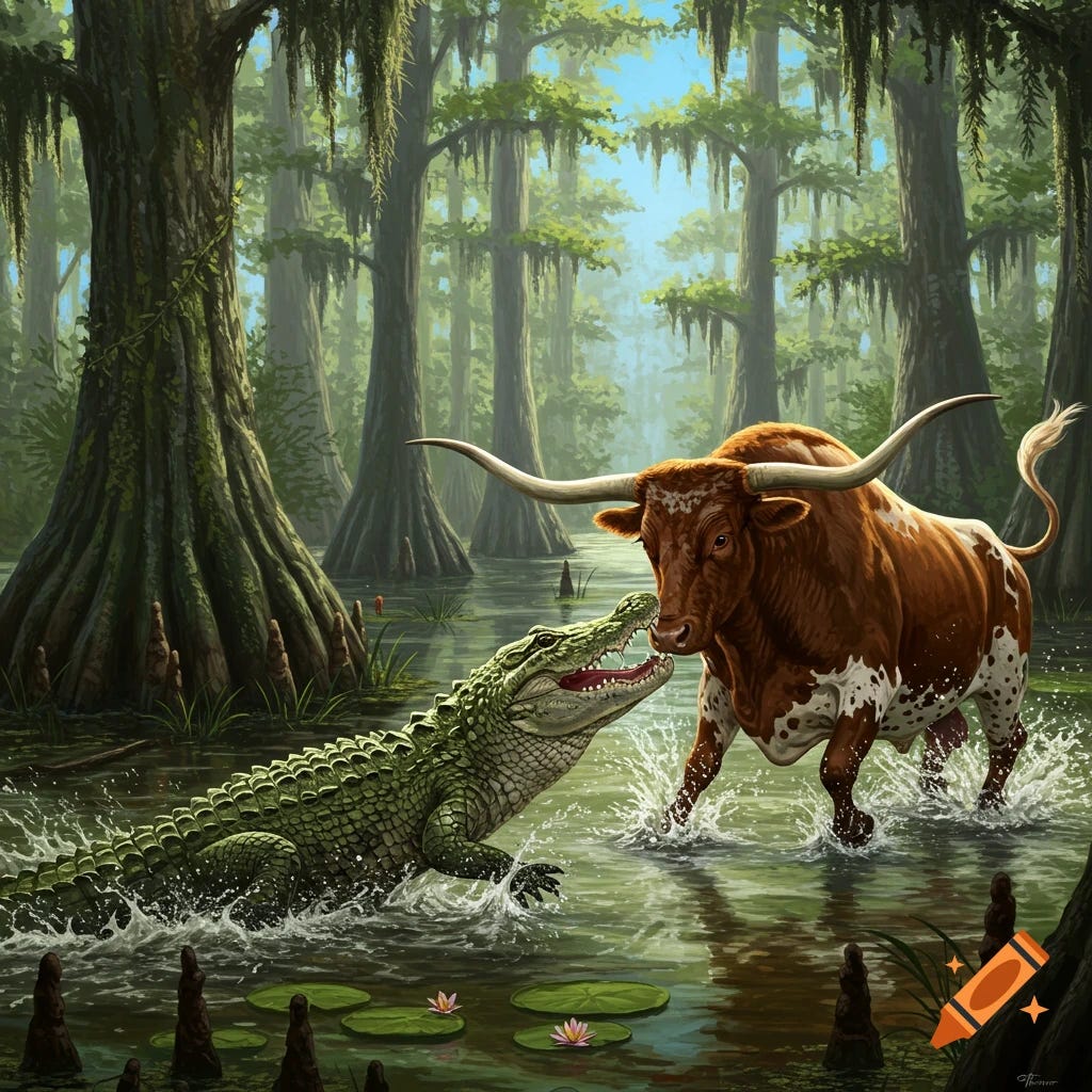 A gator and a Texas longhorn bull clash in a realistic, detailed illustration of a misty swamp with cypress trees.