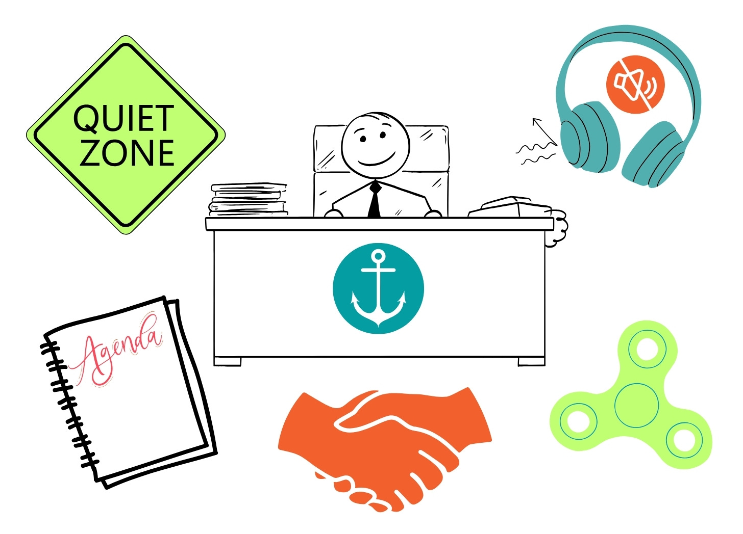 Slide 5 – a person sitting at a desk with an anchor symbol on it, wearing a tie and smiling. They are surrounded by images representing things that are helpful for neurodivergent people including noise cancelling headphones, fidget toys, a quiet zone sign and an agenda. Below is an image of a handshake symbolising working managers and employees working together.
