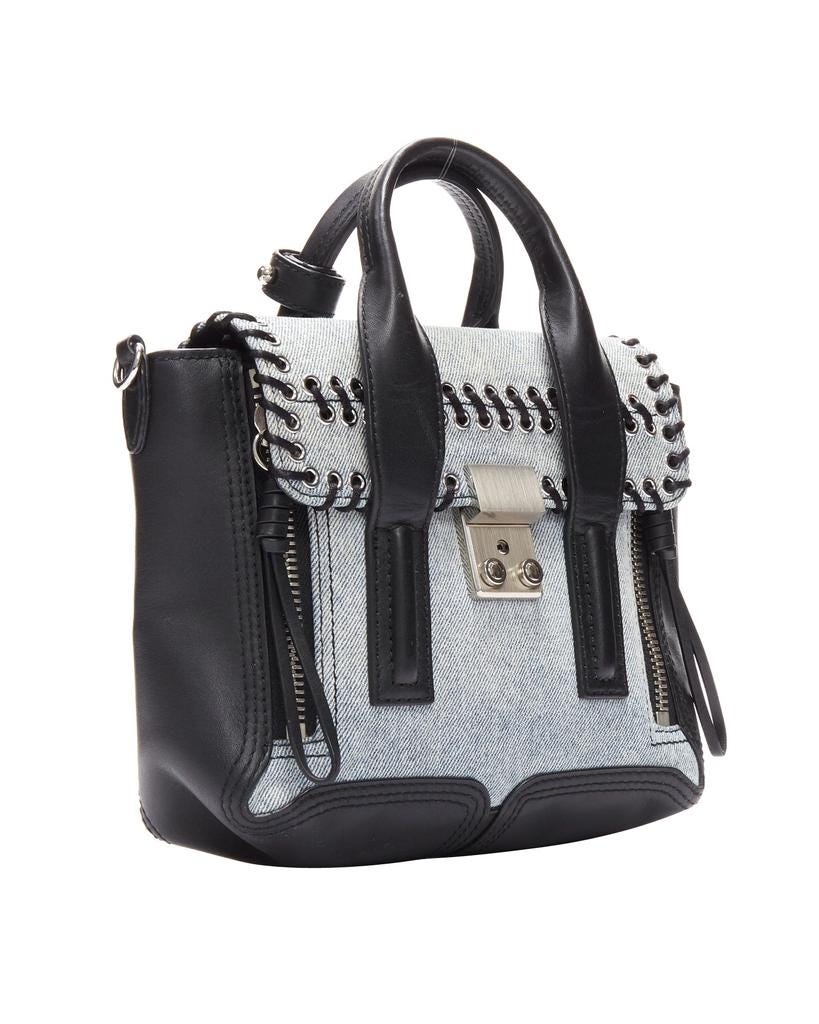 3.1 Phillip Lim 3.1 PHILLIP LIM Pashli washed blue denim whipstitch black leather mini crossbody bag