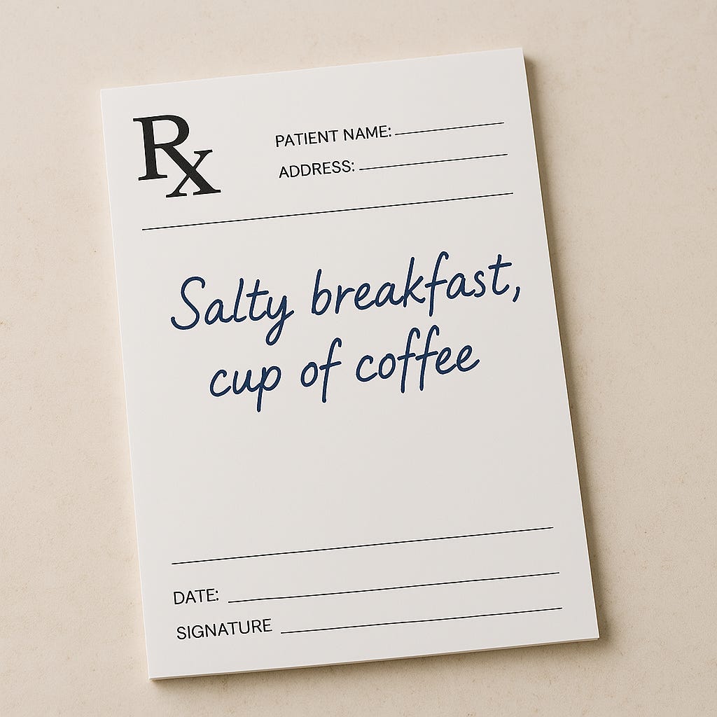 create an image of a prescription pad that has "Salty breakfast, cup of coffee" written on it