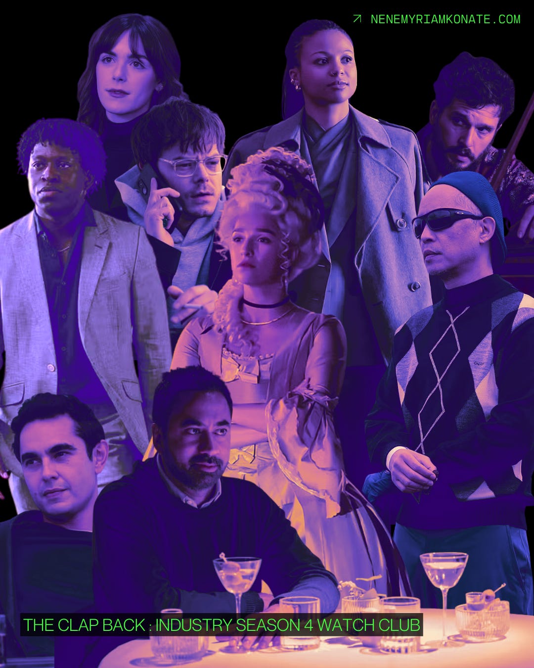 a purplescale collage of the cast of hbo/bbc’s industry on a black background. each cast member is depicted mid-action in a candid pose. a green text overlay reads: “the clap back: industry season 4 watch club. nenemyriamkonate.com”