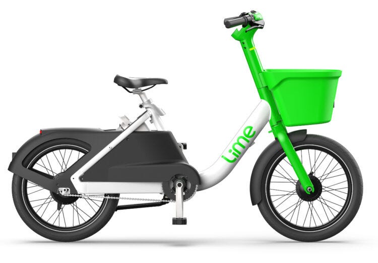 Side view of the LimeBike, which looks like a LimeGlider but with bicycle pedals and an adjustable bicycle saddle.